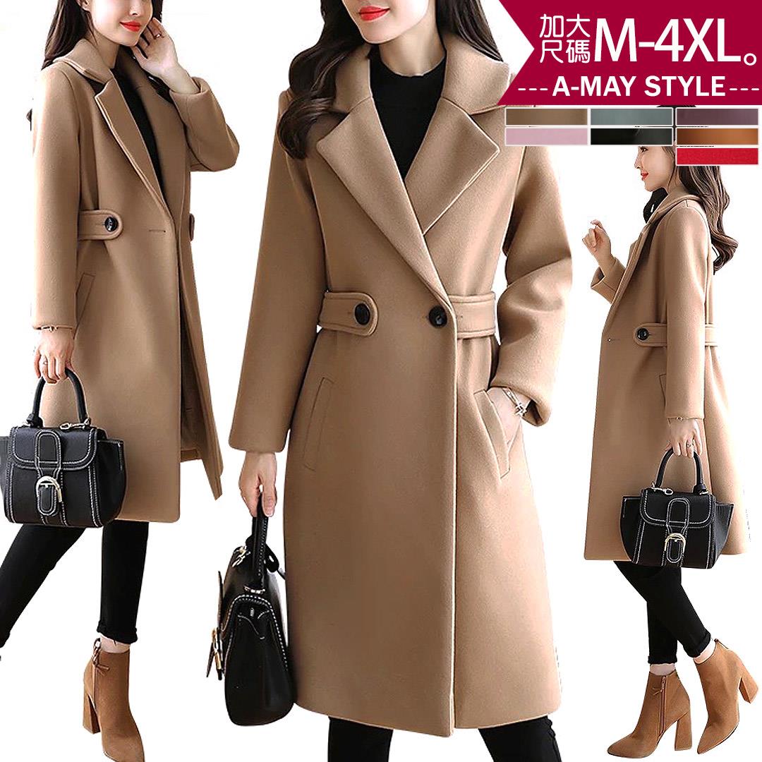 加大碼 外套 韓系中長版寬帶收腰毛呢外套(M-4XL)【XHI50999】＊艾美時尚(現 預)