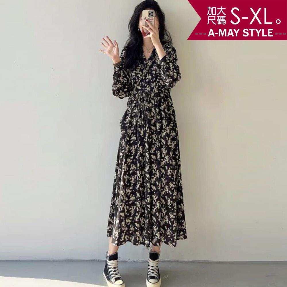 加大碼女裝 連身裙 法式碎花顯瘦雪紡連身洋裝(S-XL)【XFU23A56-1】＊艾美時尚(現+預)