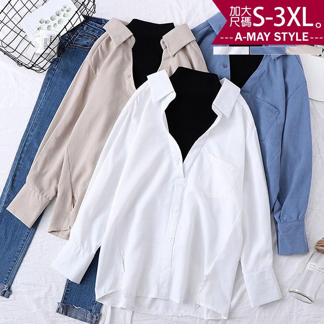 加大碼上衣-假兩件半高領極簡撞色襯衫(S-3XL)【XSU146929】＊艾美時尚(現 預)