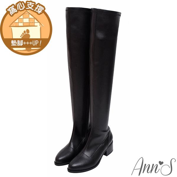 Ann’S誘人領域-彈力皮革素面後綁帶過膝靴5cm-黑