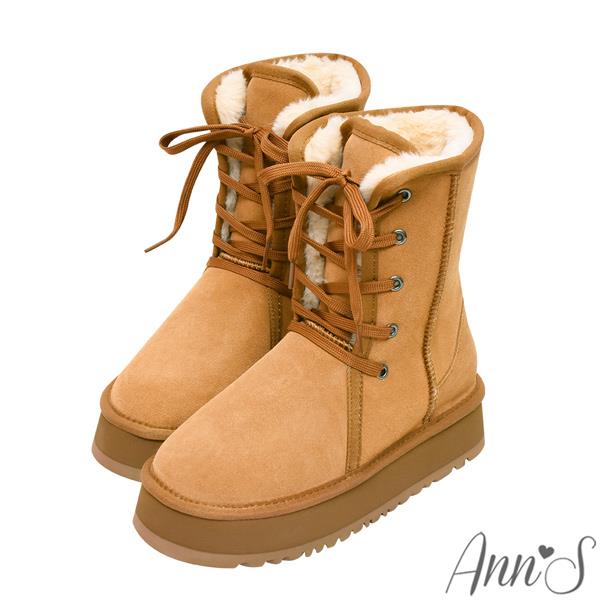 🎁買就送鞋撐🎁Ann’S溫暖甜美升級版!防潑水鍍膜真皮澎毛2way綁帶厚底雪靴5cm-棕(版型偏小)