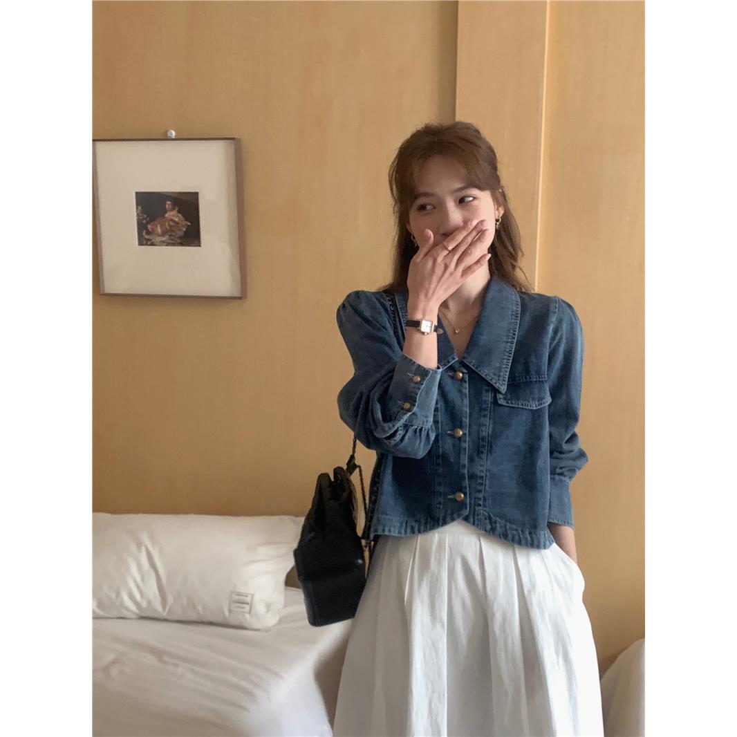 【missy shop】海島列車襯衫領片牛仔上衣-53410