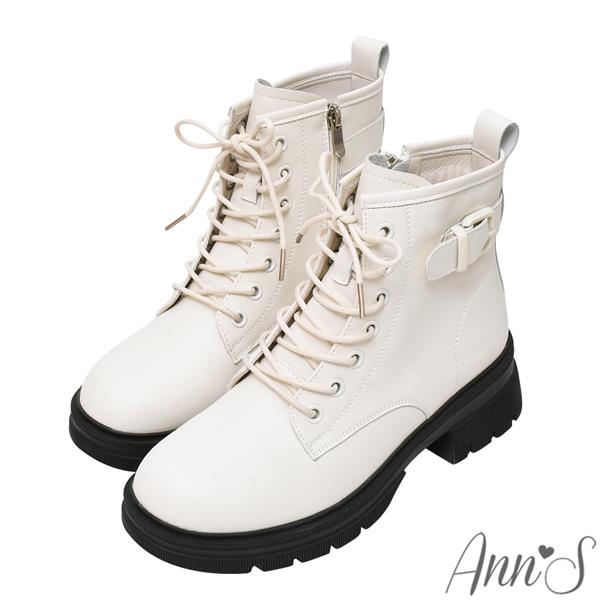 🎁買就送鞋撐🎁Ann’S近乎平底卻很顯瘦-真皮綁帶軍靴短靴5cm-米白
