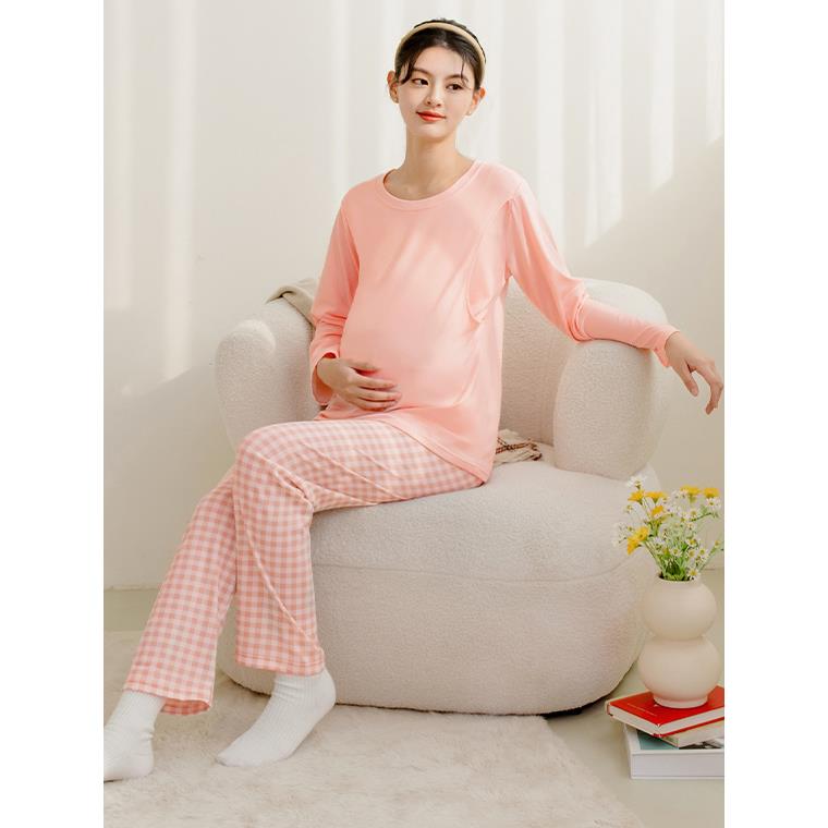 純色格紋兩件式哺乳睡衣套裝