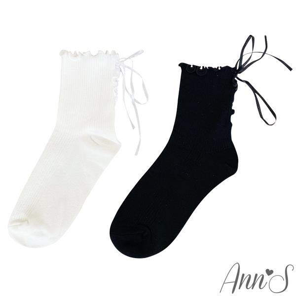 Ann’S 馬甲綁帶蝴蝶結木耳花邊直紋中筒襪-2色