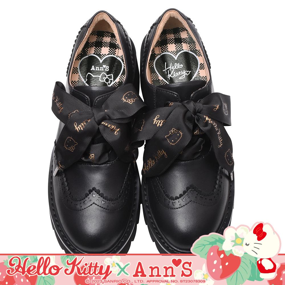 🎀買就送炫彩飲料提袋🎀Ann’S X Sanrio三麗鷗 HELLO KITTY聯名 訂製織帶兩穿造型 後跟刺繡 厚底雕花牛津鞋6cm-黑