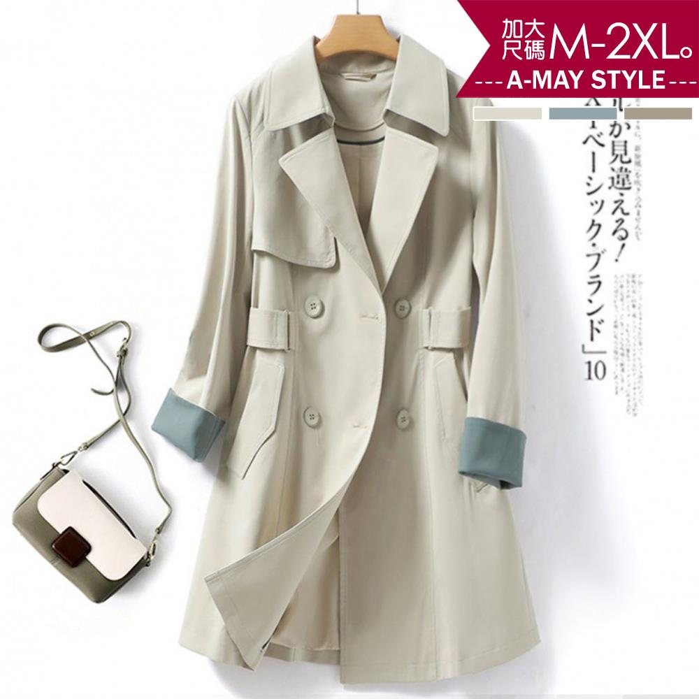 加大碼 風衣 拼色翻袖顯瘦中長版風衣外套(M-3XL)【XC9545130】*艾美時尚(現 預)