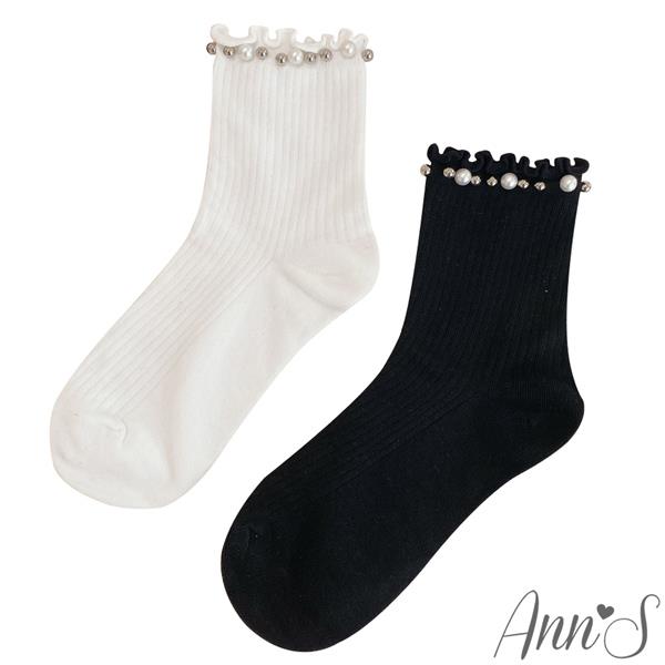 Ann’S 木耳花邊珍珠學院風直紋中筒襪-2色