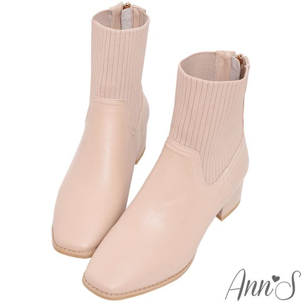 🍀兩雙現折$699🍀Ann’S舒適筒圍不壓迫腳踝-針織拼接真皮粗跟低跟短靴4cm-杏