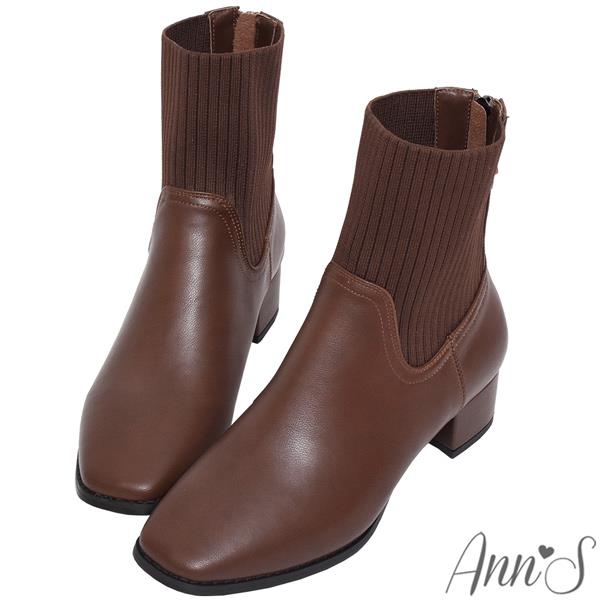 Ann’S舒適筒圍不壓迫腳踝-針織拼接真皮粗跟低跟短靴4cm-咖
