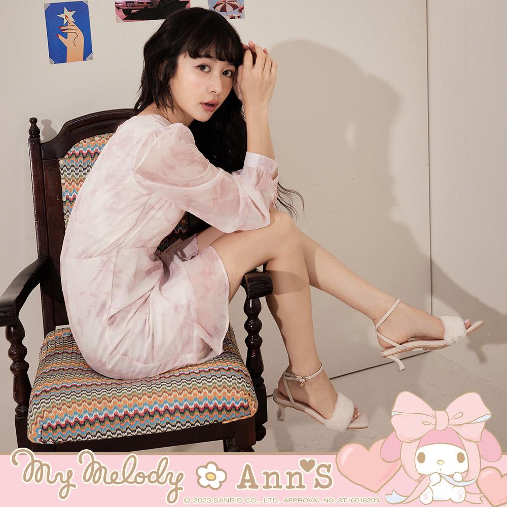 My melody X Ann’S美樂蒂日系派對 舒適低跟毛毛一字涼鞋4cm-米白