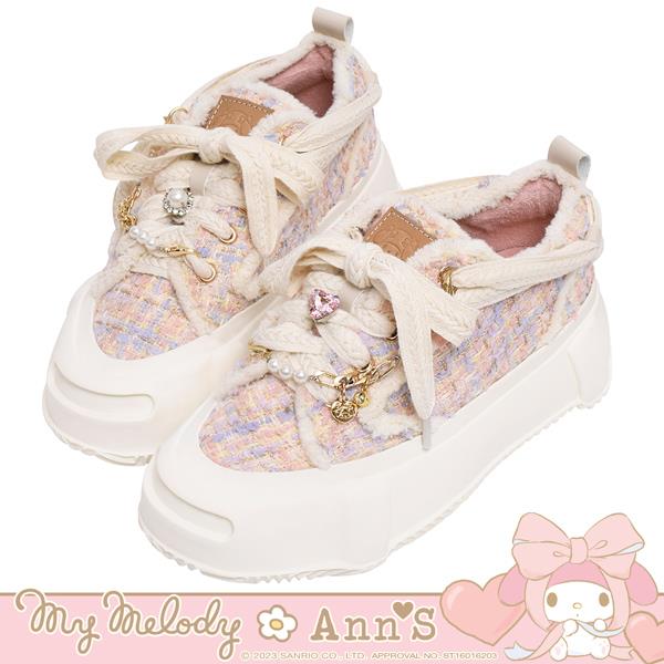 🎀買就送炫彩飲料提袋🎀Ann’S X Sanrio三麗鷗 美樂蒂聯名 華麗公主寶石珍珠扣煥彩毛呢厚底球鞋5cm-粉