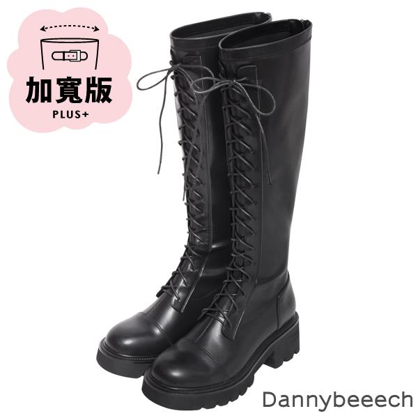 🎁買就送鞋撐🎁ANNSTAR 丹妮婊姐聯名-加寬版塑身衣效果彈力皮革綁帶造型及膝長靴5.5cm-黑