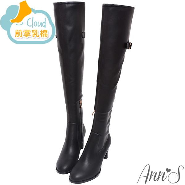 🎁買就送鞋撐🎁Ann’S辣妹版花苞-彈力皮革性感後開岔扣帶粗跟過膝長靴6.5cm-黑