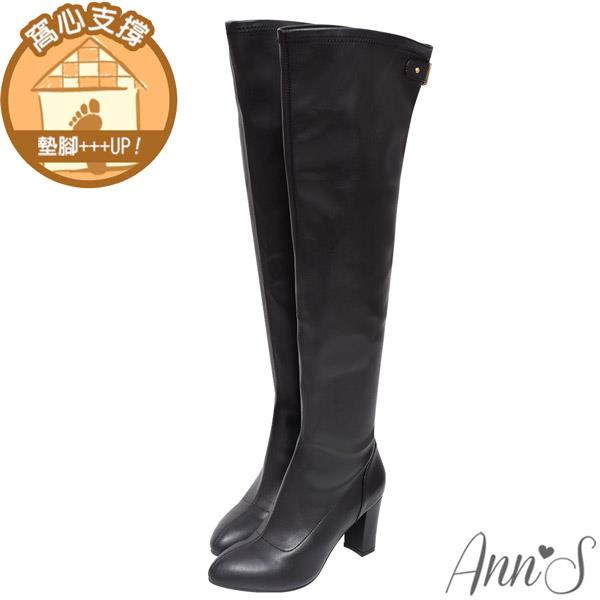 🍎任一雙現折$618🍎Ann’S逆天長腿-彈力皮革 後釦帶粗跟高跟過膝靴8cm-黑