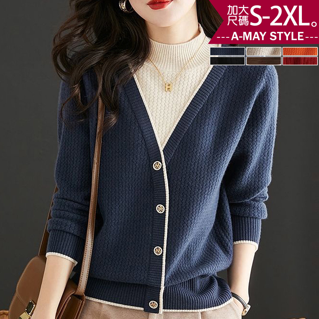 加大碼 上衣 半立領撞色拼接假兩件針織上衣(S-2XL)【XC122740】＊艾美時尚(現 預)