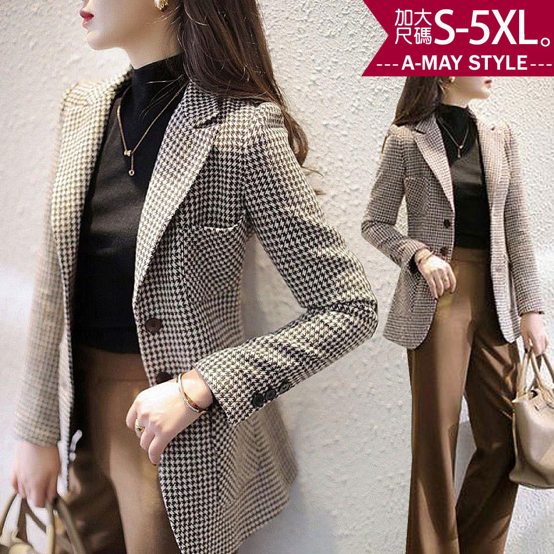 加大碼 外套 千鳥格紋毛呢修身西裝外套(S-5XL)【XFU290175】＊艾美時尚(現 預)