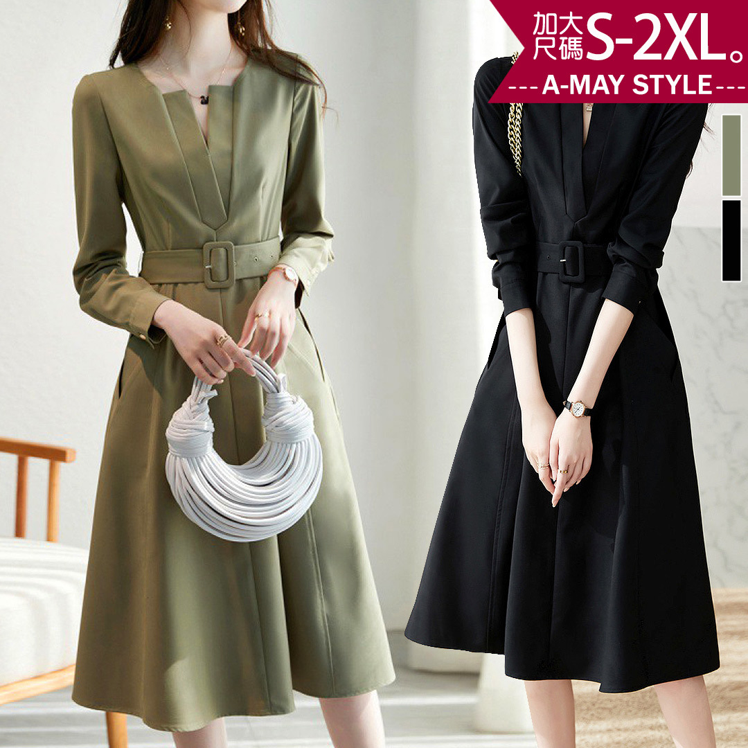 加大碼 連身裙 簡約V領修身顯瘦連身洋裝(S-2XL)【XC062758】＊艾美時尚(現 預)