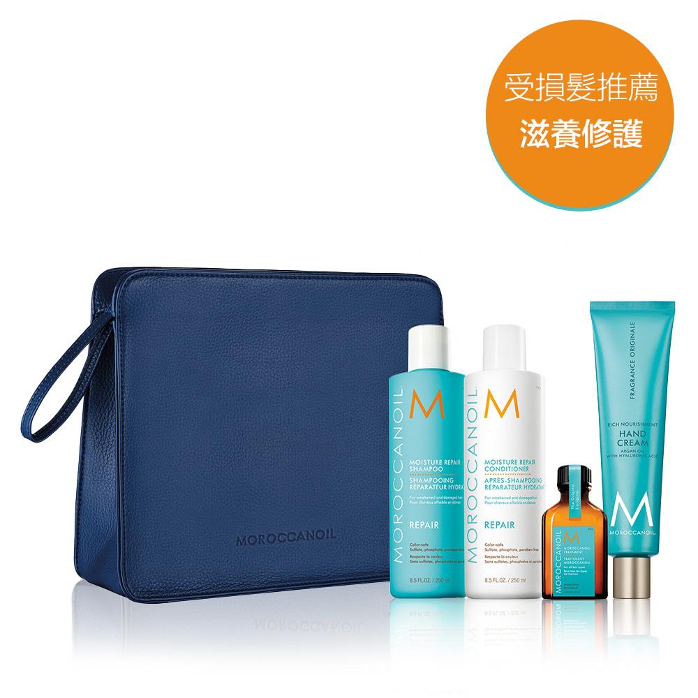 MOROCCANOIL 普魯士藍修復組(優油保濕修復洗髮露250ML+優油保濕修復護髮劑250ML+優油經典護手霜100ML+摩洛哥優油25ML)