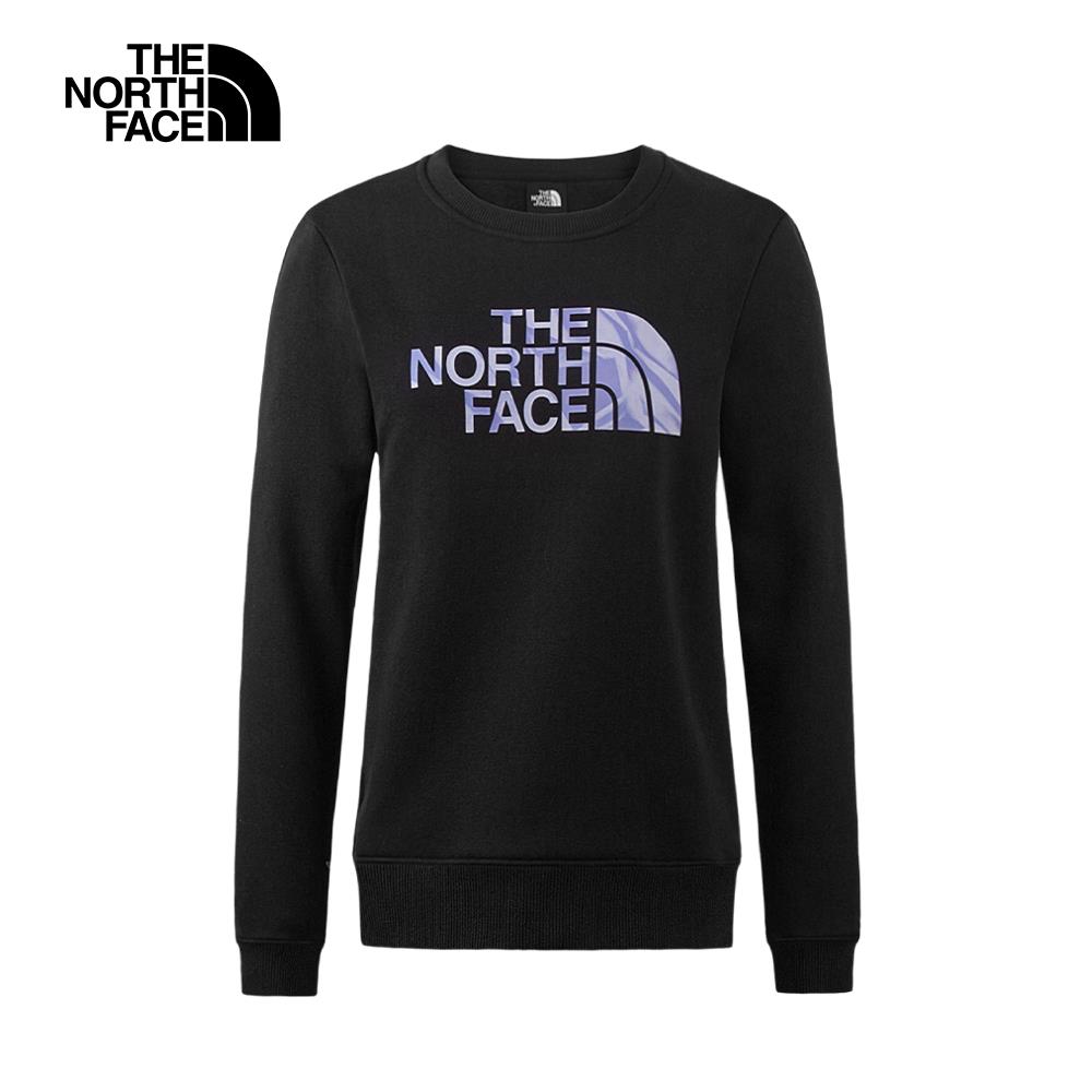 【官網特降】The North Face北面女款黑色舒適透氣大尺寸LOGO印花休閒長袖大學T｜88FUJK3