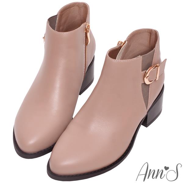🍀兩雙現折$699🍀Ann’S波琳-真皮小羊皮切爾西圓釦帶粗跟短靴5cm-卡其(版型偏小)