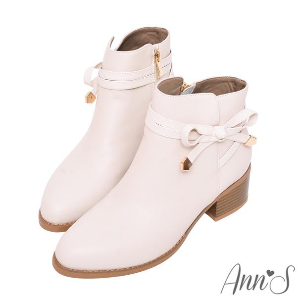 🍎任一雙現折$618🍎Ann’S伊莎貝拉-蝴蝶結真皮小羊皮粗跟低跟短靴5cm-米白