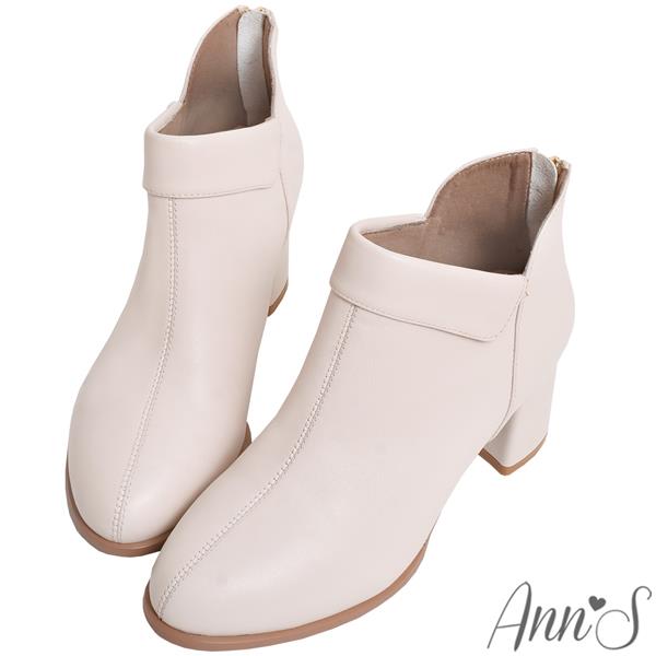 🍀兩雙現折$699🍀Ann’S史黛拉-顯瘦V口立體反折真皮小羊皮粗跟短靴5.5cm-杏