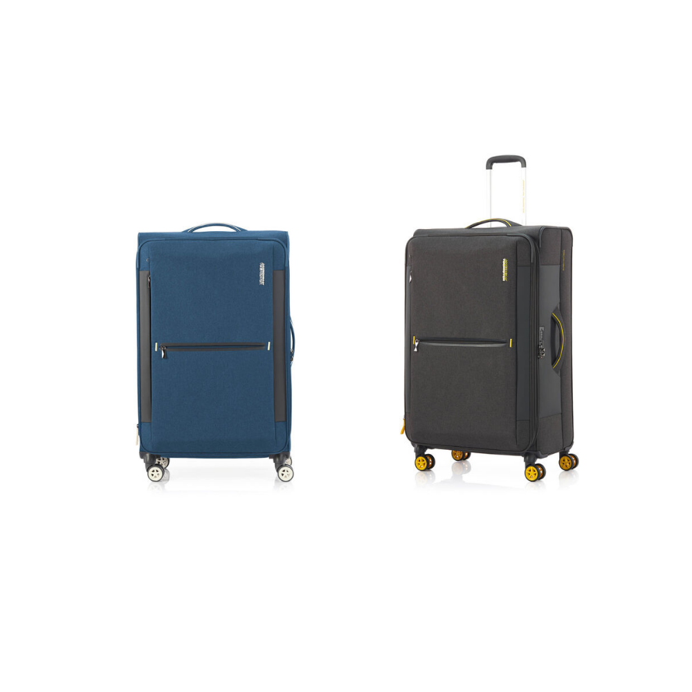 31吋 布面輕量行李箱 可擴充拉鍊行李箱 上掀式 防爆雙層拉鍊 環保內裡-藍黑二色-QJ0-DROYCE系列-AT美國旅行者