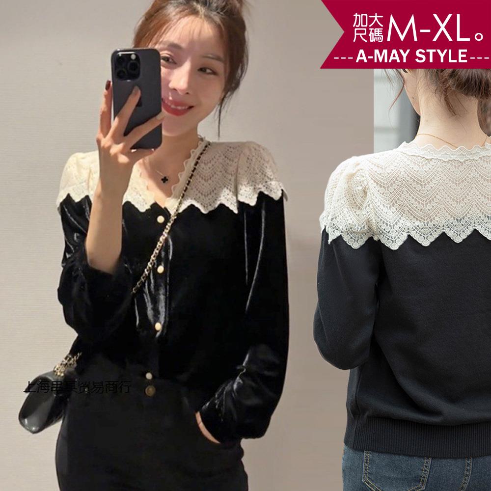 加大碼 上衣 蕾絲勾花V領拼接絲絨感襯衫(M-XL)【XCN408551】＊艾美時尚(現 預)