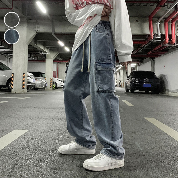 直筒褲 直筒寬鬆落地牛仔褲 工裝 大口袋 寬褲 寬版 韓系 日系 厚磅 加大尺碼 台灣出貨【NTJ1399】