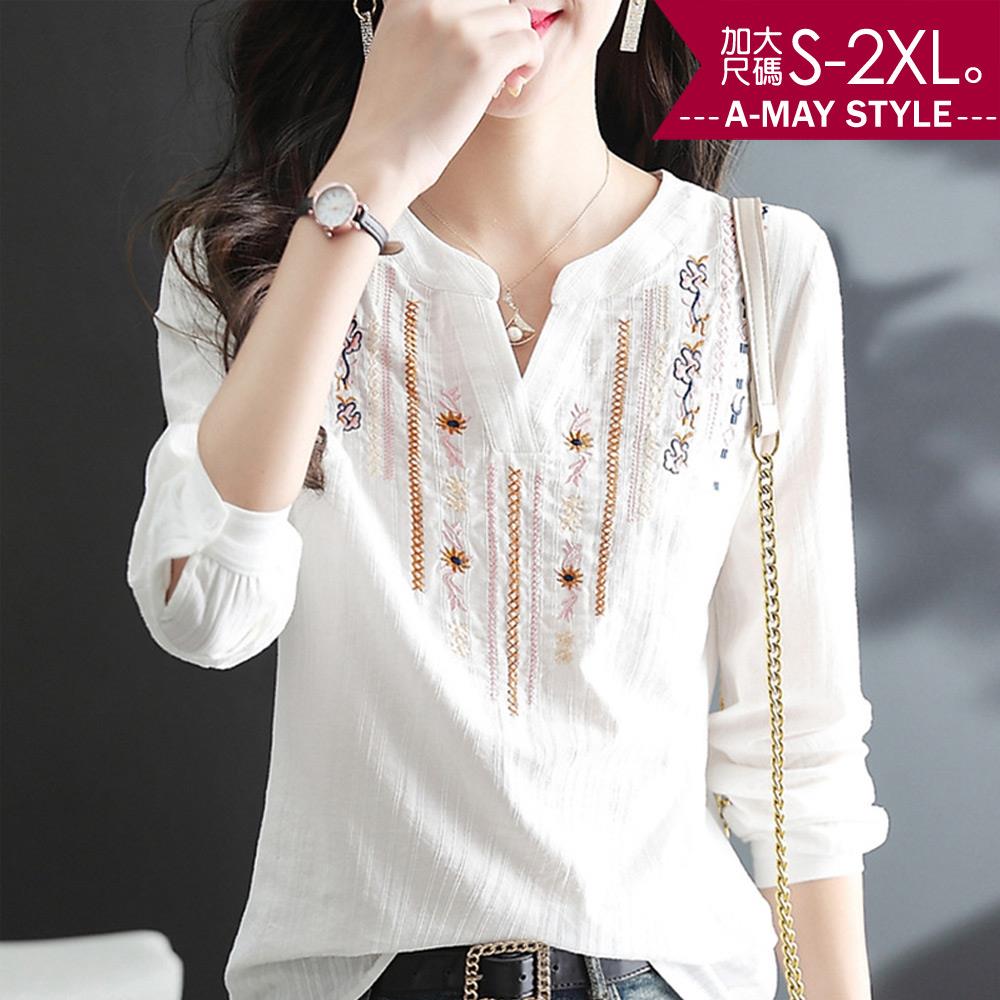 加大碼 襯衫 小V領刺繡民族風顯瘦上衣(S-2XL)【XHI03035】＊艾美時尚(現 預)