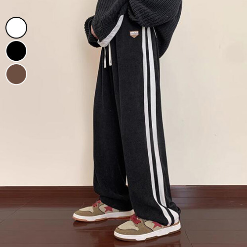 直筒褲 潮流側邊雙線寬版棉褲 寬鬆 街頭 美潮 落地褲 厚磅 運動 加大尺碼 台灣出貨【NTJ54988】