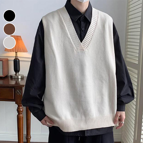 針織衫 韓式V領針織背心 寬版 日系 韓系 古著 復古 簡約 無印 加大尺碼 台灣出貨【NTJ34122】