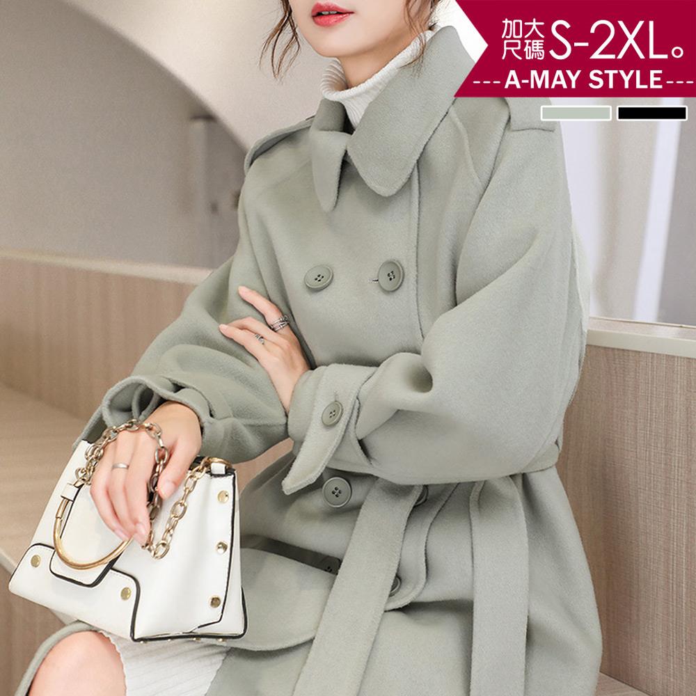 加大碼 毛呢外套 日韓設計俐落扣帶長版毛呢大衣(S-2XL)【XHI636378】＊艾美時尚(現 預)