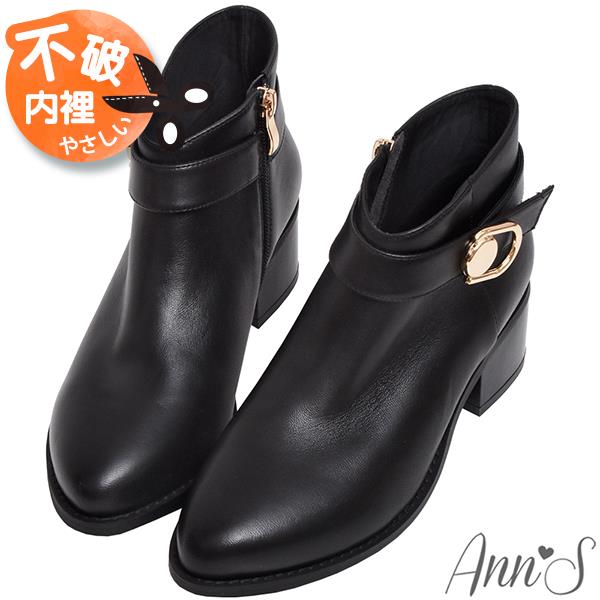 💐母親節限定專區最高7折💐Ann’S奧莉薇雅-顯瘦斜口剪裁真皮小羊皮粗跟短靴5cm-黑