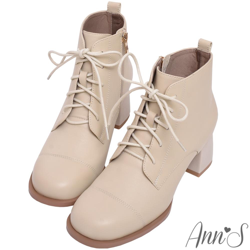 💐母親節限定專區最高7折💐Ann’S愛莉諾-綁帶5孔小羊皮真皮加寬圓頭粗跟短靴5.5cm-米白