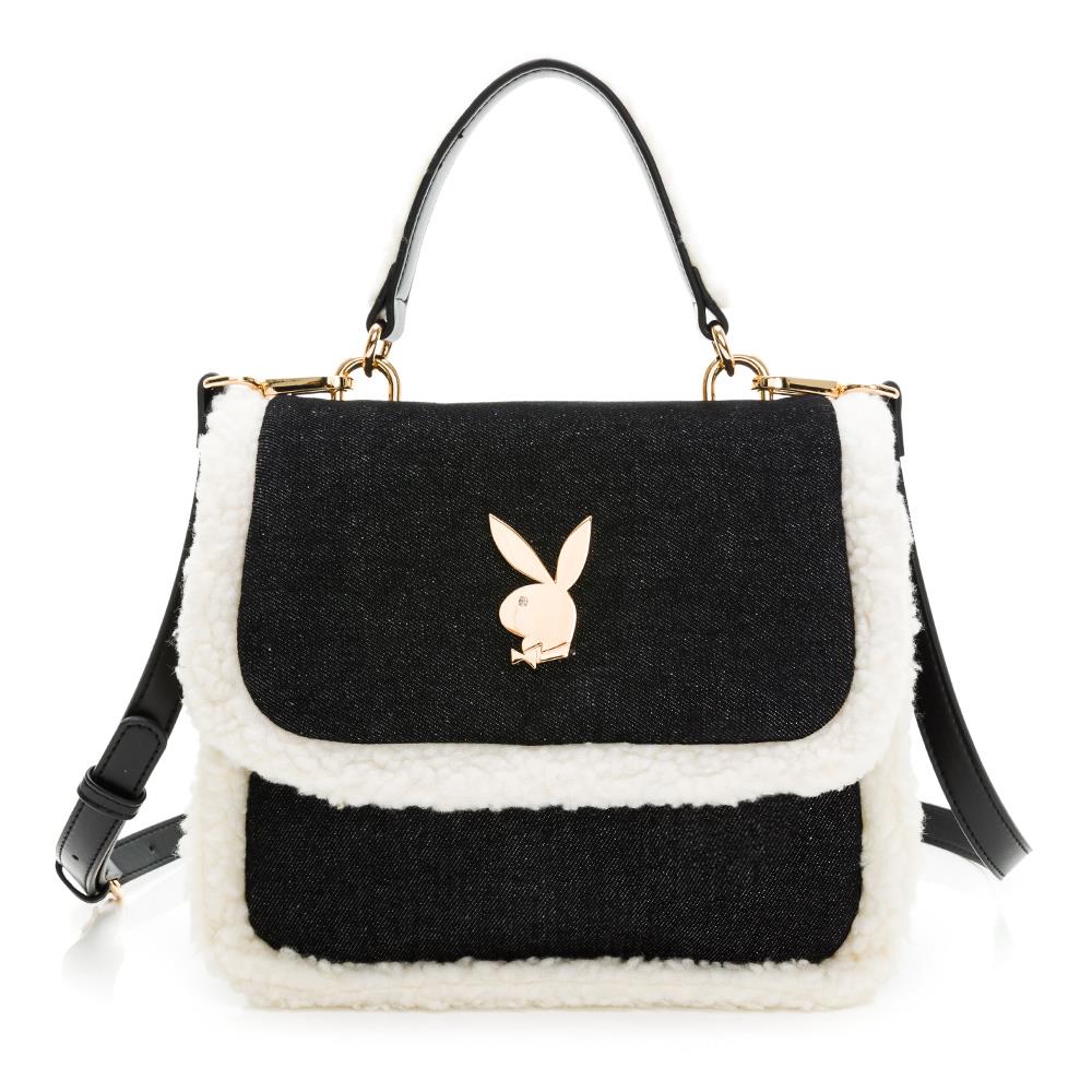 PLAYBOY 毛絨翻蓋斜背包(牛仔布面料) Plush系列 - 黑色(532-8802-09-7)