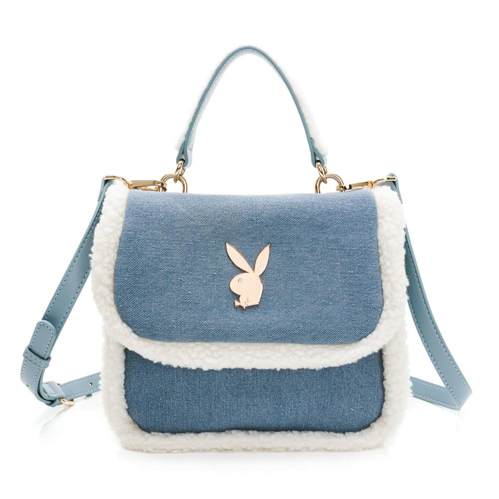 PLAYBOY 毛絨翻蓋斜背包(牛仔布面料) Plush系列 - 淺藍色(532-8802-50-7)