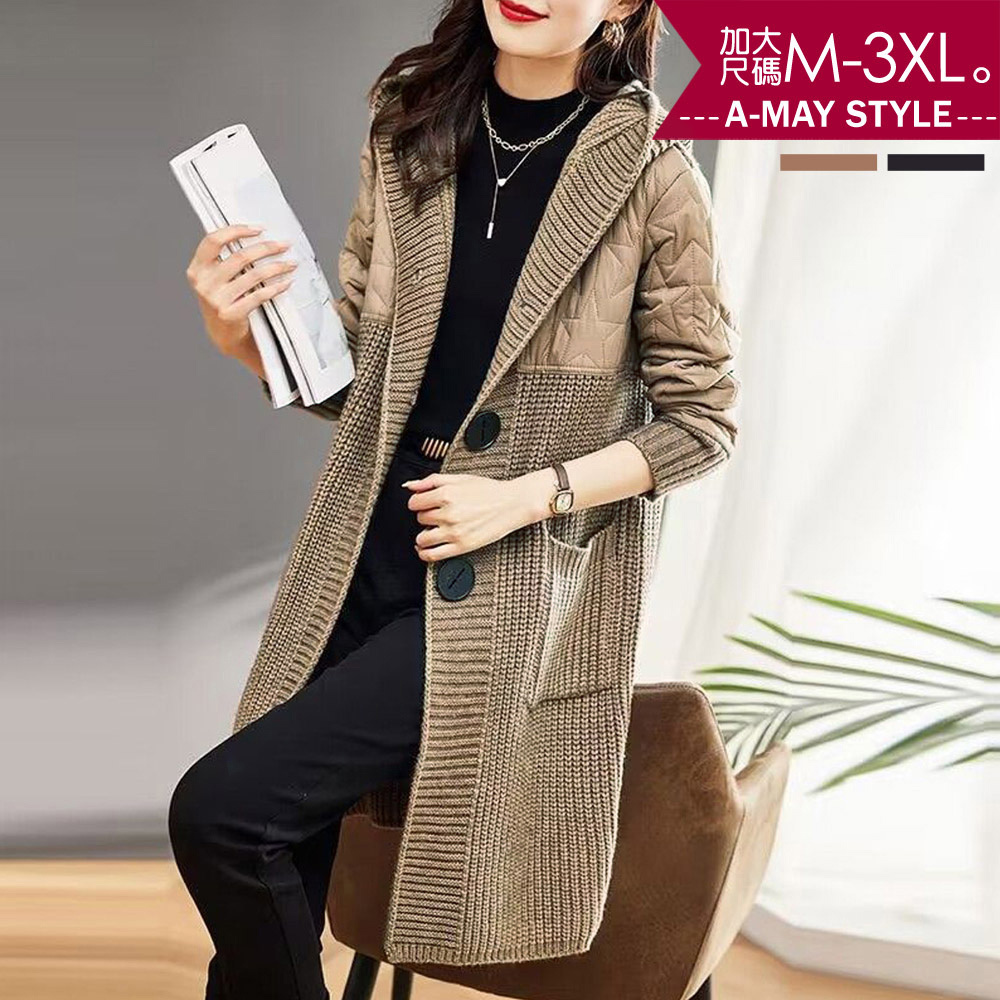 加大碼 針織 日韓設計拼接粗針織長版加厚連帽外套(M-3XL)【XC082584】＊艾美時尚(現 預)
