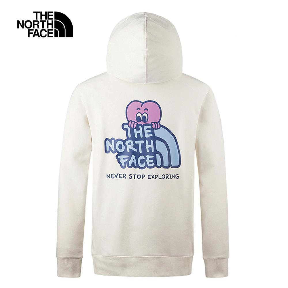 【特降】The North Face北面男女款米白色舒適情人節趣味心型印花休閒長袖帽T｜88FWQLI