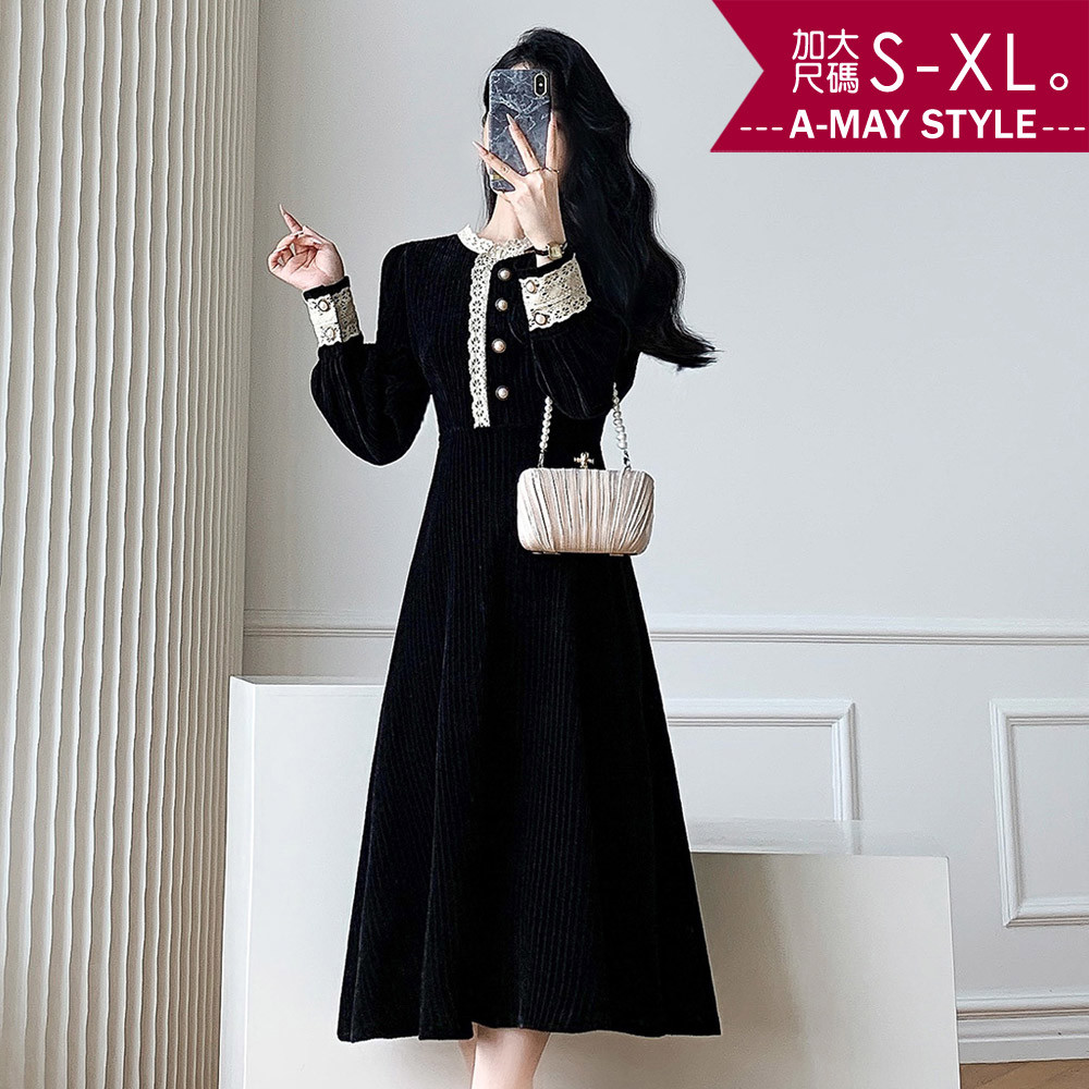 加大碼 洋裝 典雅復古燈芯絨拼接設計顯瘦連身洋裝(S-XL)【XFU23A68-1】＊艾美時尚(現 預)