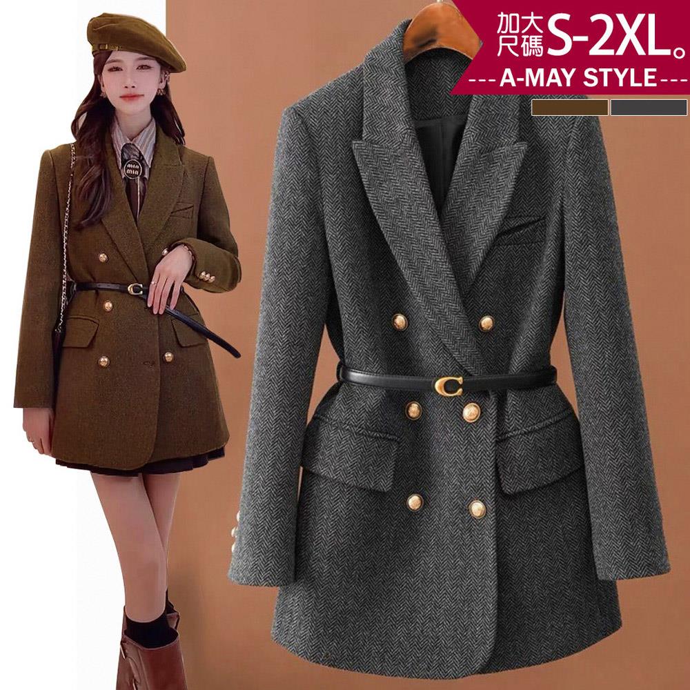 加大碼 西裝外套 歐美時髦雙排扣毛呢西裝大衣(S-2XL)【XBK23W85】＊艾美時尚(現 預)