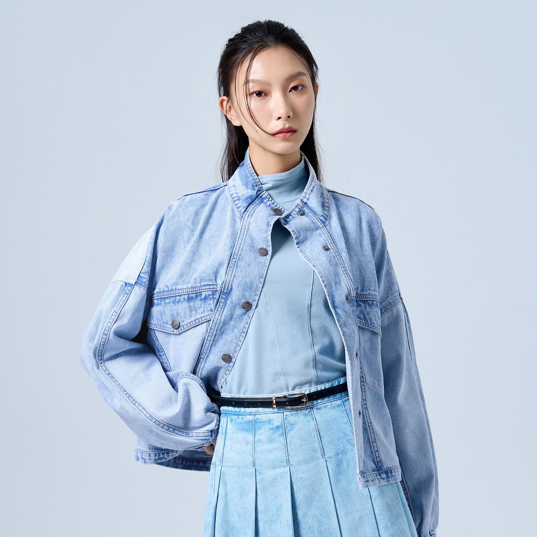創意拼接立領牛仔外套(拔淺藍)-女
