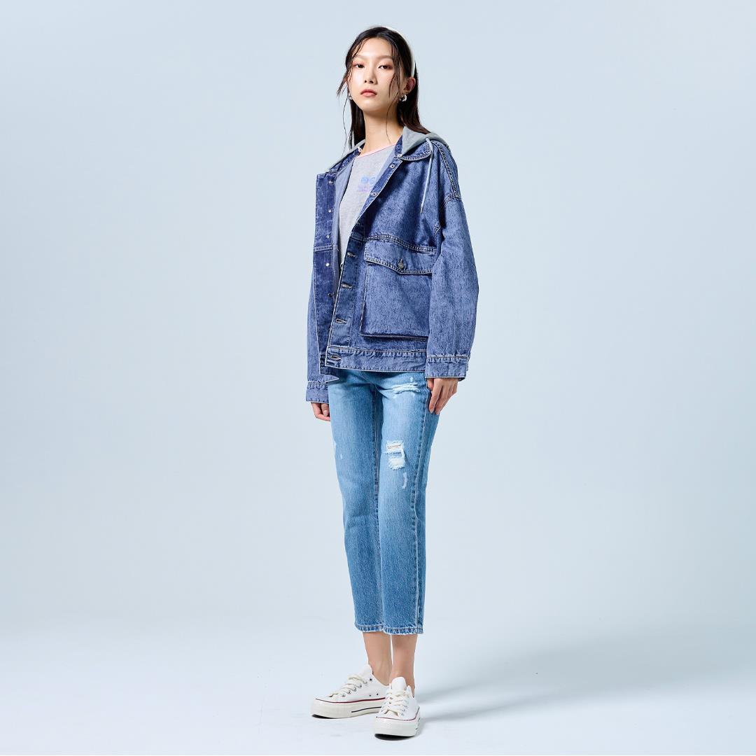 帽可拆純真女孩牛仔外套(石洗藍)-女