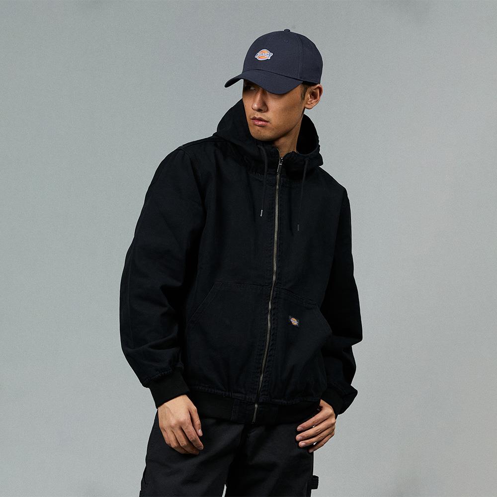 Dickies男款水洗黑純棉帆布兩側收納口袋連帽外套|DK012923C40