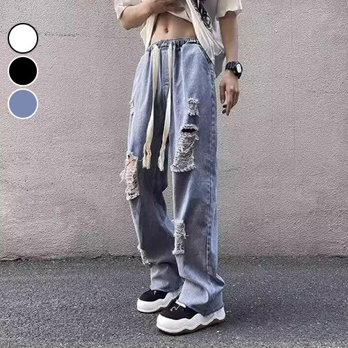 直筒褲 寬版直筒破壞造型落地褲 寬鬆 街頭 美式 潮流 破洞褲 厚磅 加大尺碼 台灣出貨【NTJ36358】