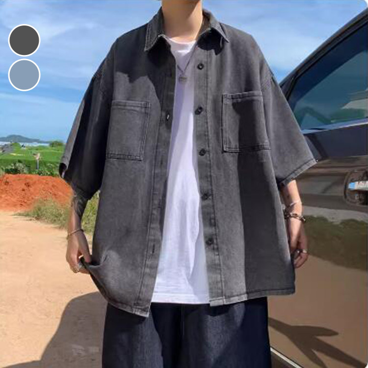 襯衫 牛仔寬版短袖襯衫 寬鬆 五分袖 丹寧 日系 韓系 潮流 古著 加大尺碼 台灣出貨【NTJ65128】