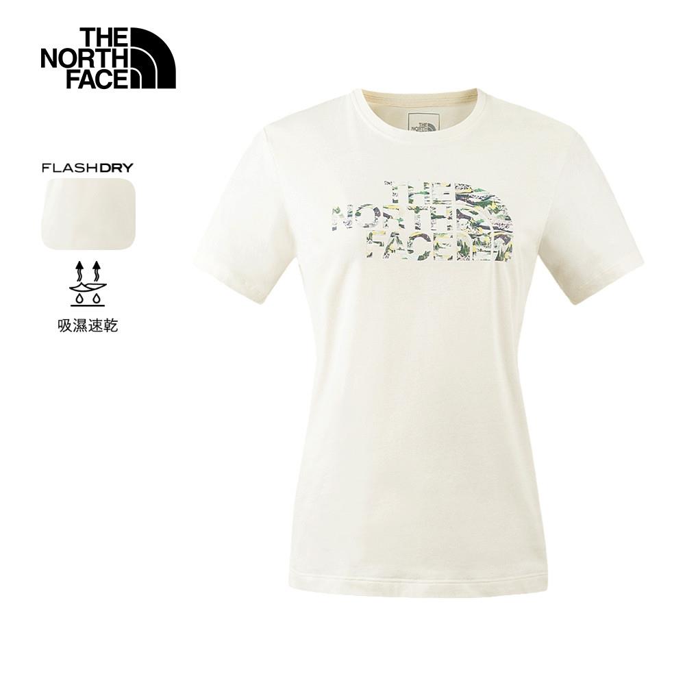 The North Face北面女款米色吸濕排汗山川手繪圖案休閒短袖T恤｜88GZQLI
