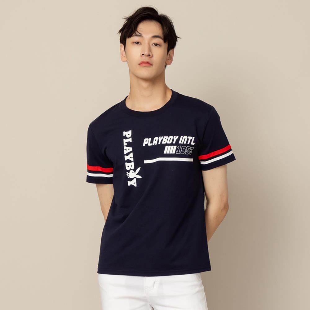 PLAYBOY - 條紋個性印花涼爽棉TEE - 深藍色/641-014-56-1