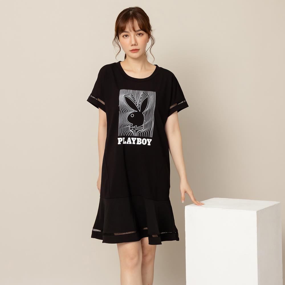 PLAYBOY - 不規則雪紡拼接露肩洋裝 - 黑色/741-030-09-9
